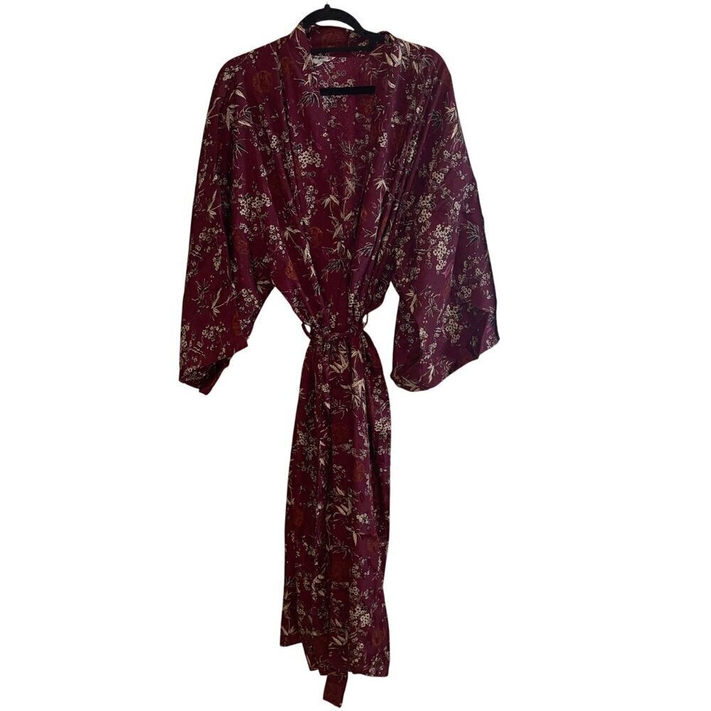 Yue Hera Vintage Womens Robe Size XL Burgundy Long Kimono Style Satin Belt